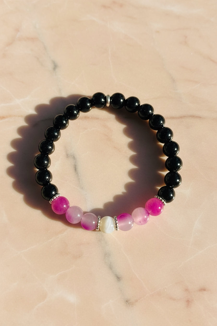 Black Onyx, Pink Agate & Moonstone Beaded Bracelet