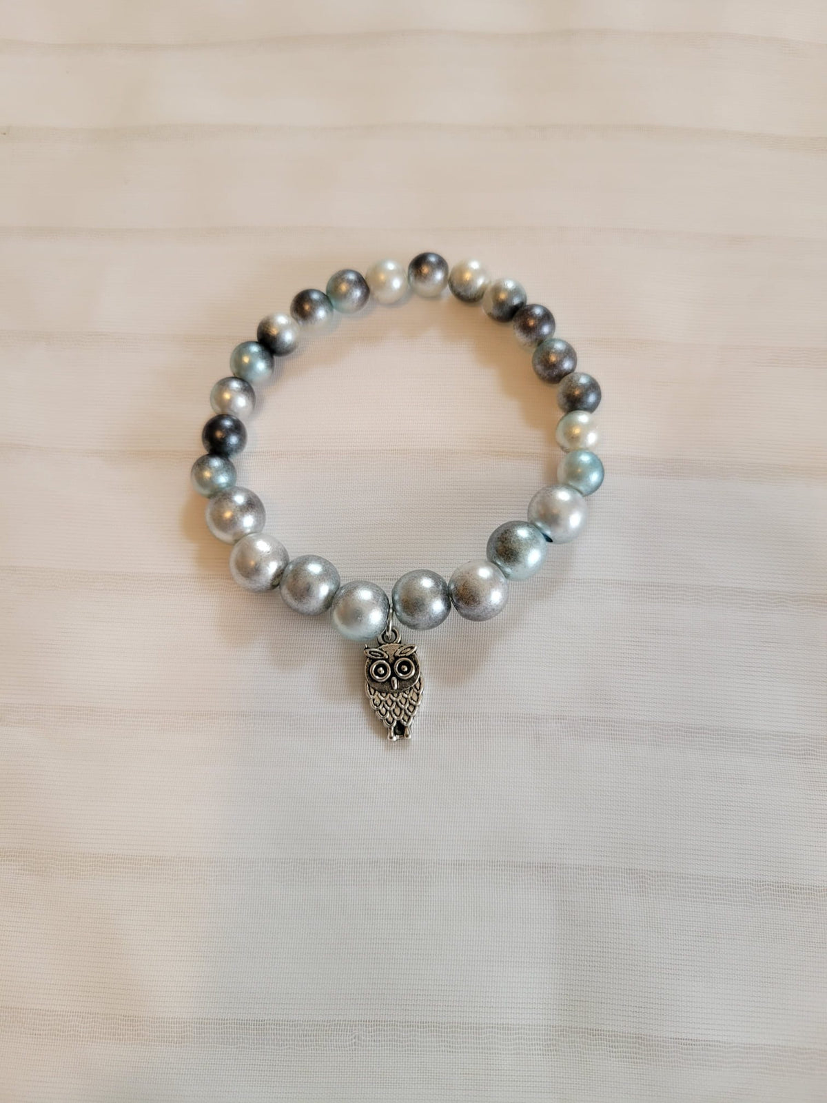 Grey & White Pearl Owl Charm Bracelet