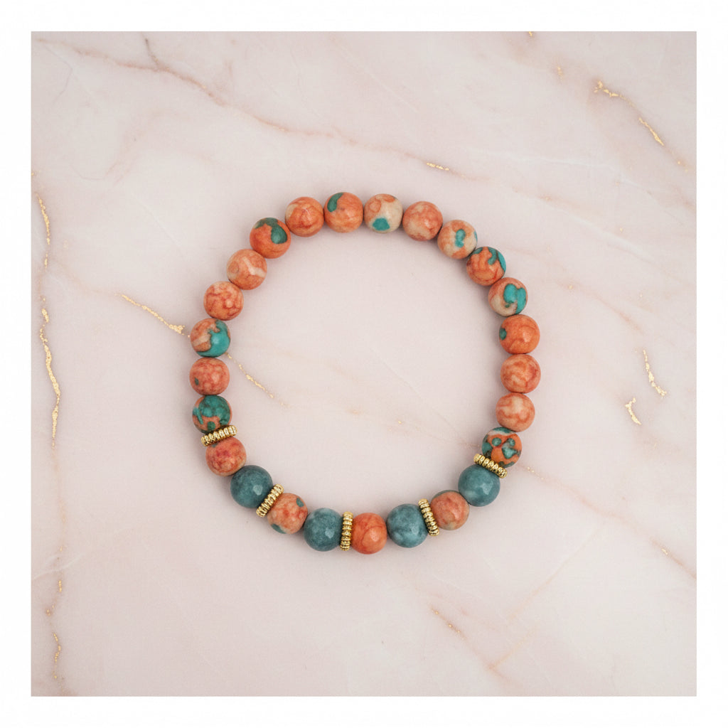 Peach Blossom & Teal Beaded Bracelet