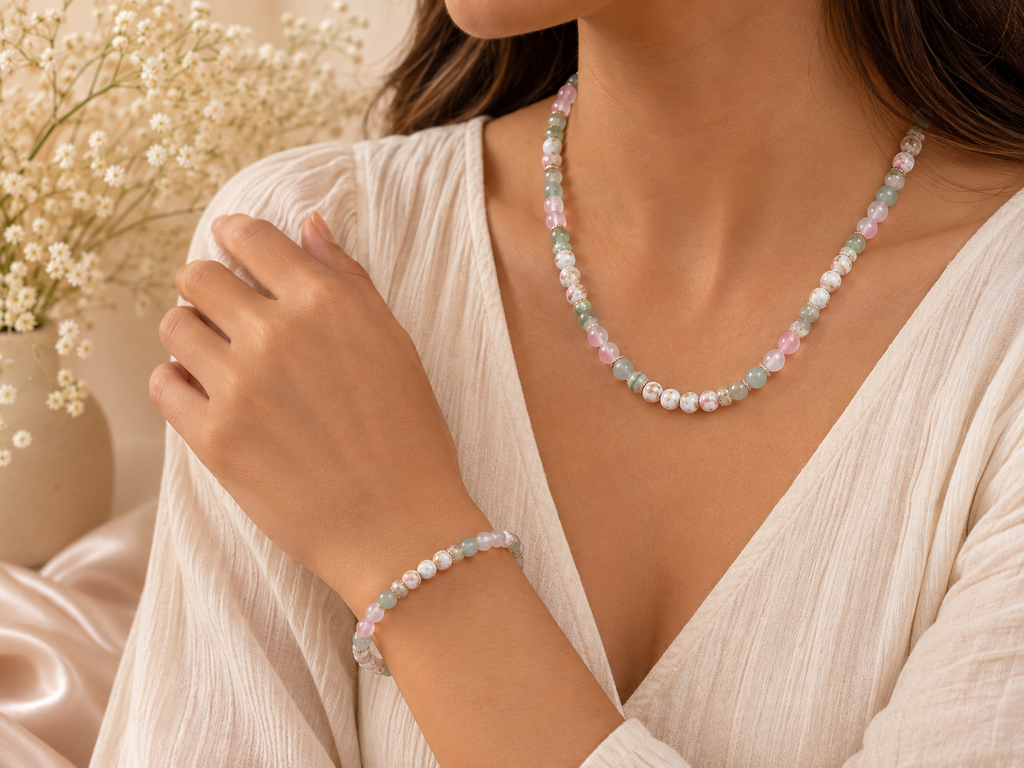 Pink Garden Beaded Jewelry Set — Necklace & Bracelet