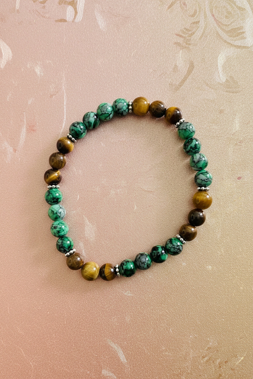 Beaded stretch bracelet alternating tiger eye and green turquoise jasper beads with silver rondelle spacers