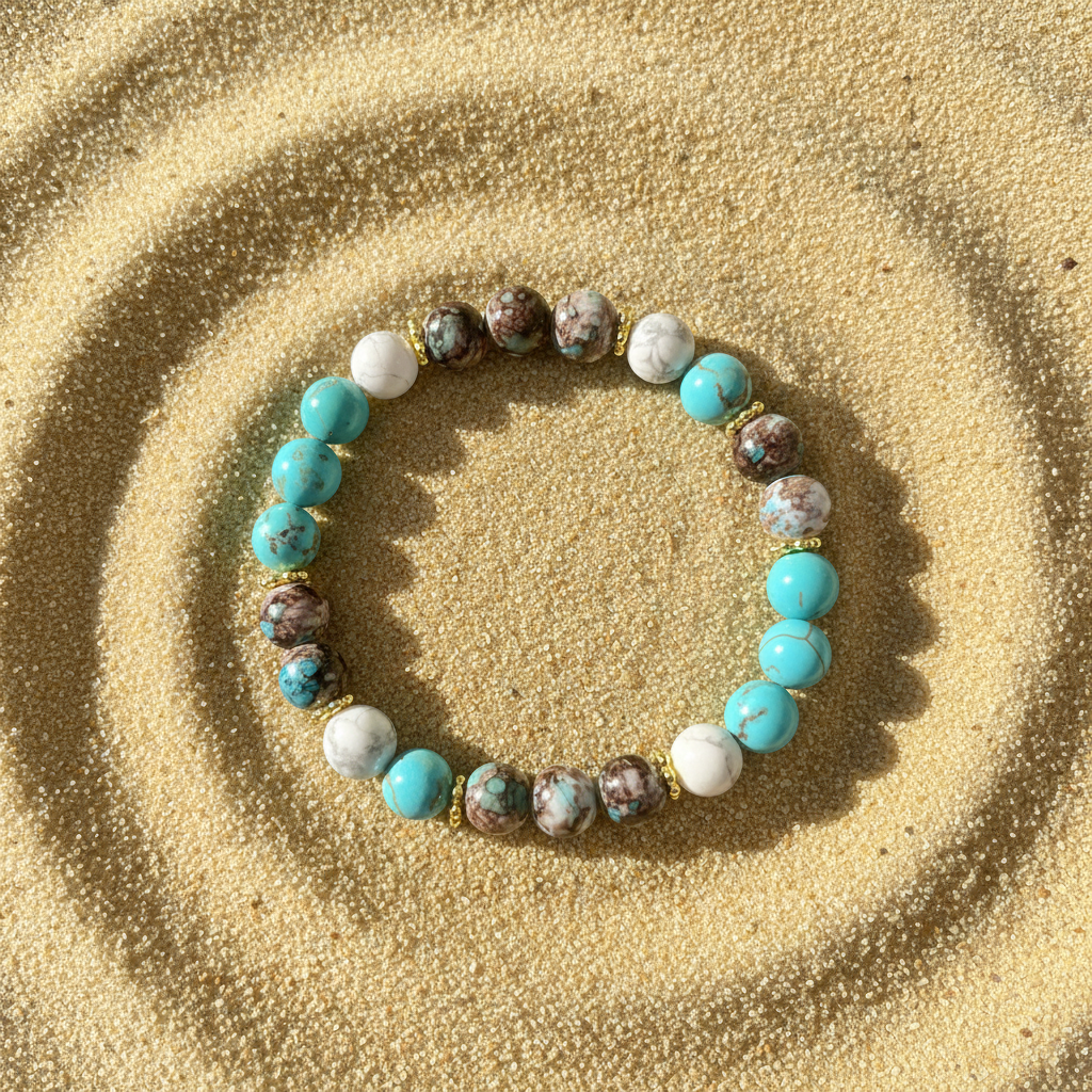 Turquoise, earth stone and white howlite beaded bracelet with gold accents laid flat on golden sand