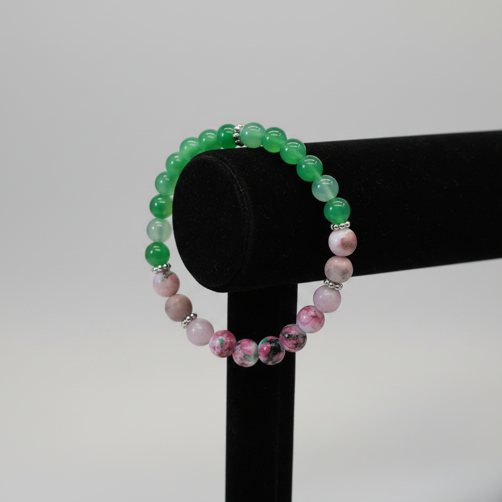 Green Agate & Cherry Blossom Jasper Bracelet – Black Velvet T-bar