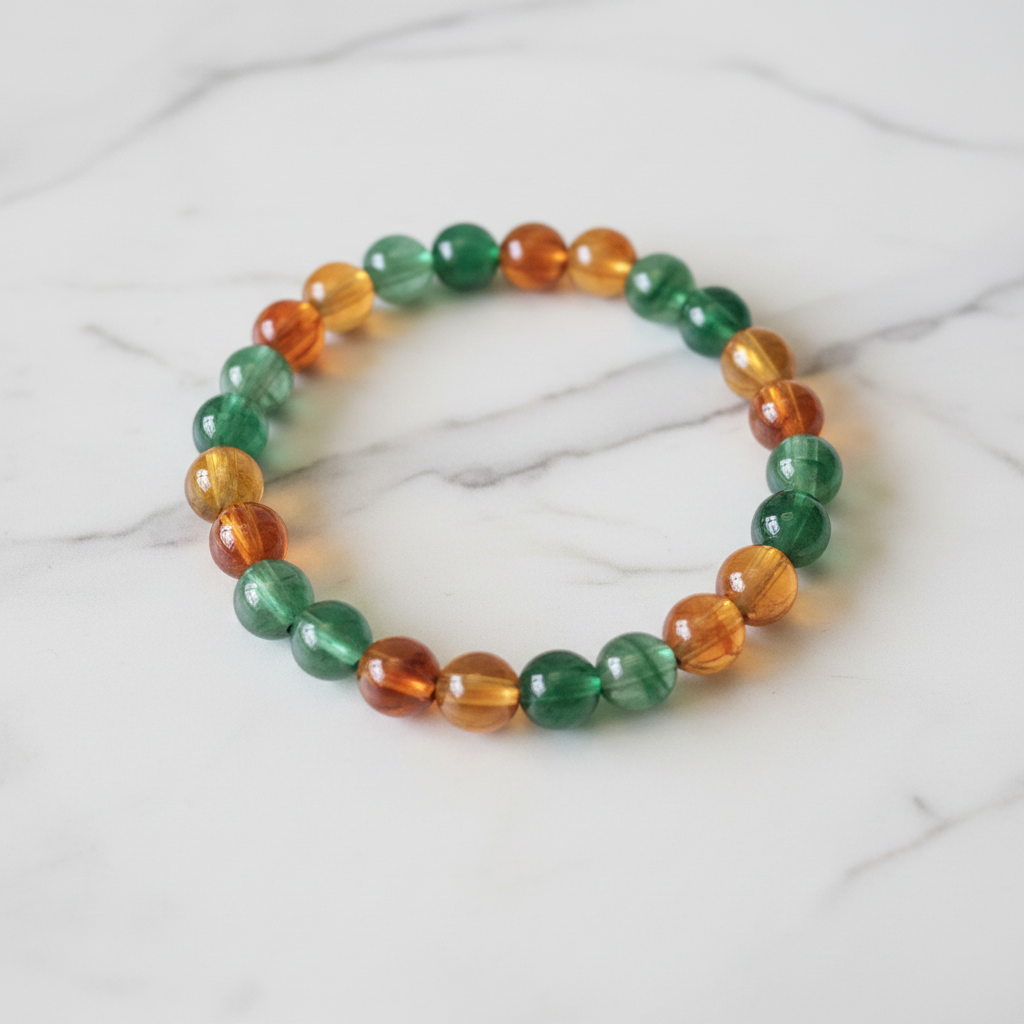 Green Aventurine & Amber Crystal Bracelet – Marble Background