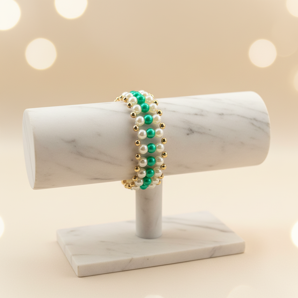 Green & White Pearl Woven Bracelet - Elegant Display