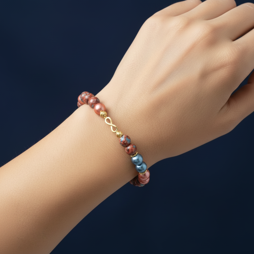 Infinity Bracelet – Coral Pearl & Blue Pearl