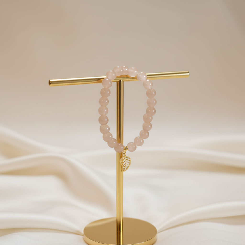 Rose Quartz & Gold Leaf Charm Bracelet