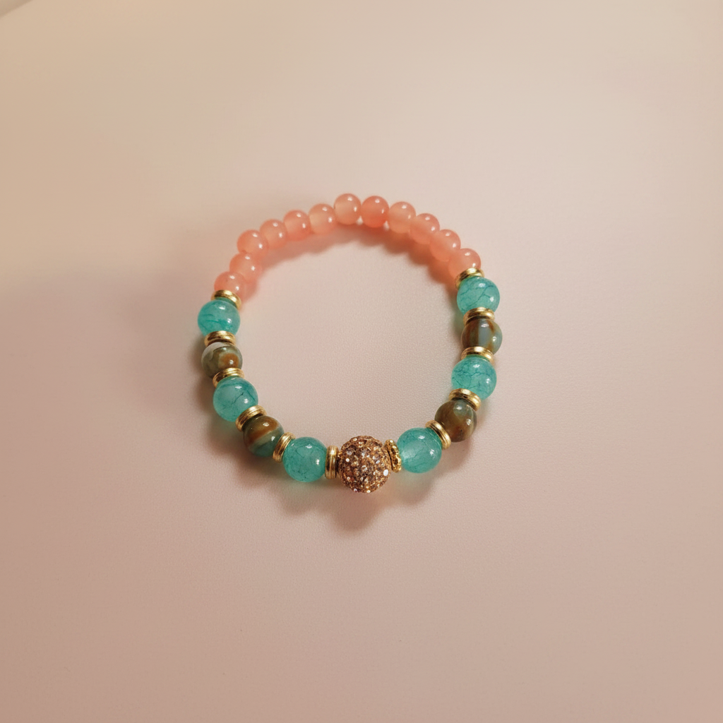 Peach, Turquoise & Gold Pavé Disco Beaded Bracelet