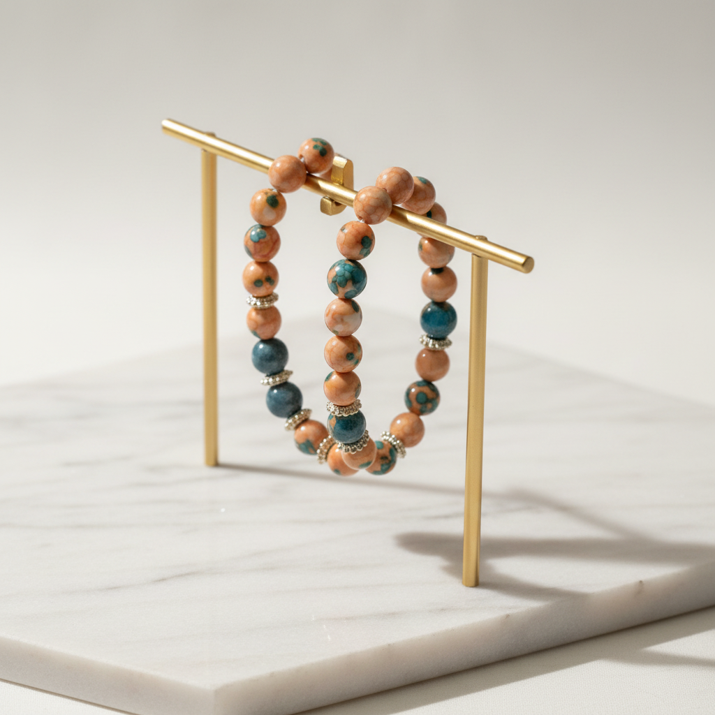 Magenta & Emerald Green Beaded Bracelet – Marble Slab Gold Stand