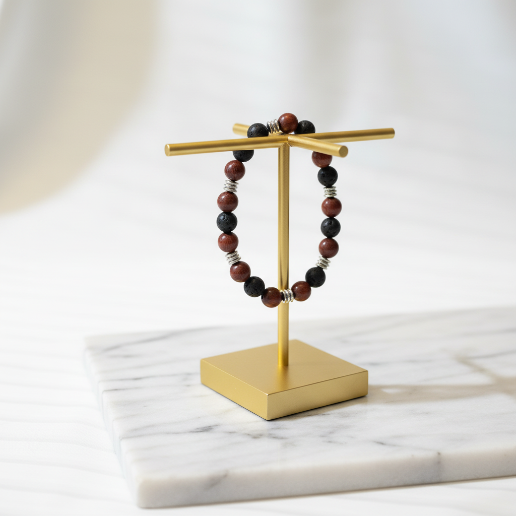 Mahogany & Black Lava Stone Bracelet – Marble Slab Gold Stand