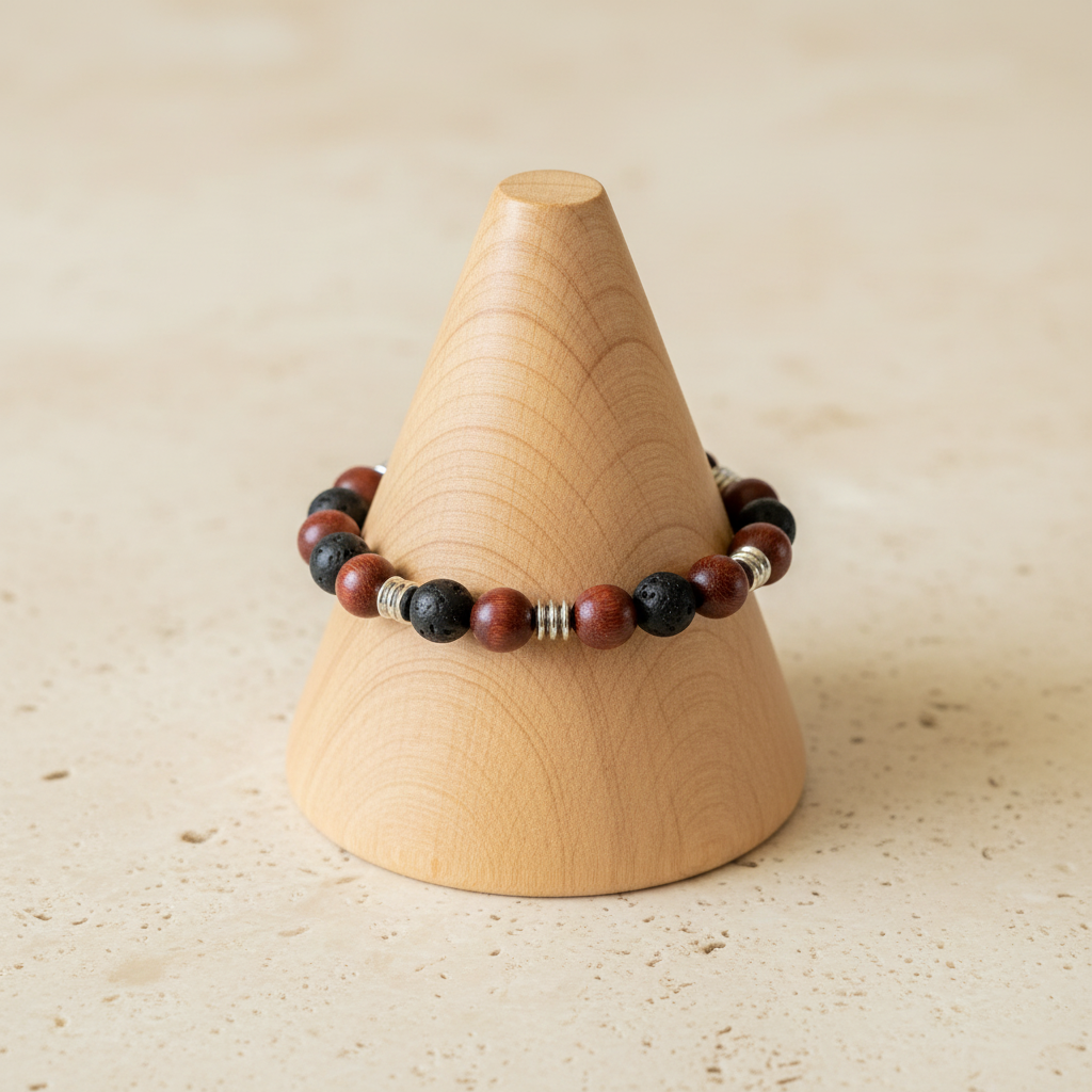 Mahogany & Black Lava Stone Bracelet – Wooden Cone on Cream Surface