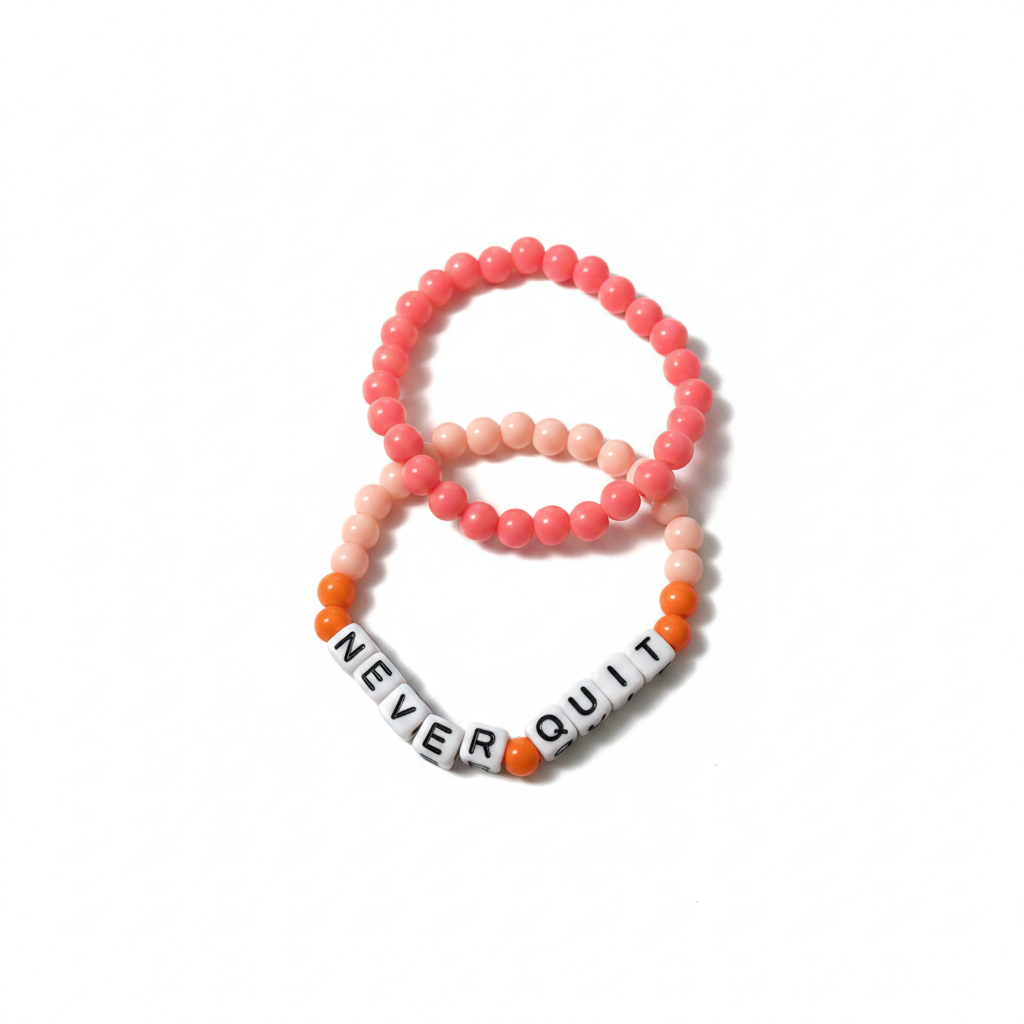 "Never Quit" Letter Bead & Pink Bead Bracelet Set