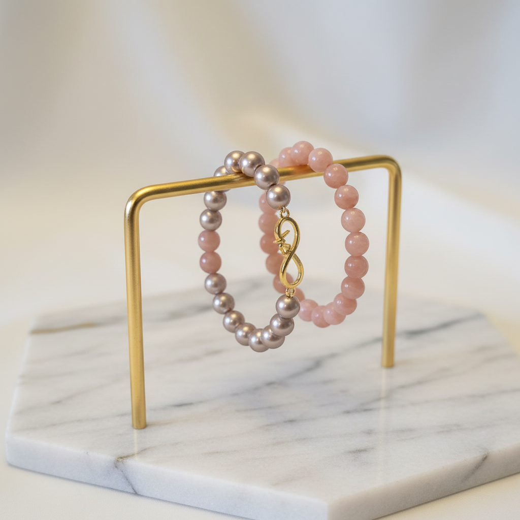 Pink & Silver Pearl Infinity Bracelet Set – Marble Slab with Gold Stand