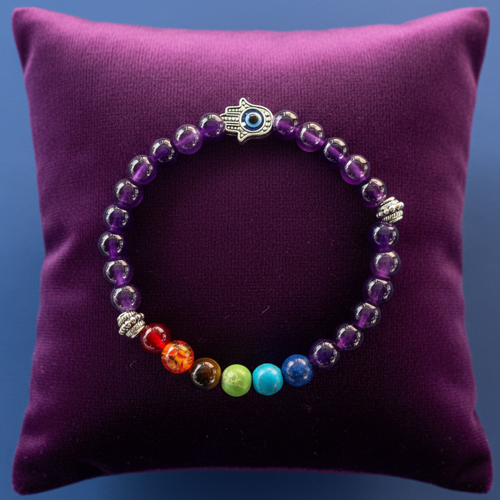 Purple Hamsa Protection Bracelet – Flat on Purple Velvet Pillow