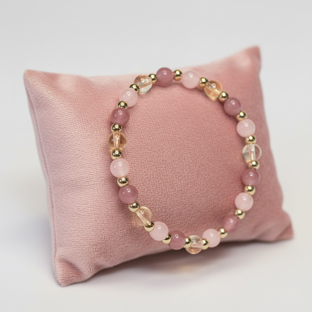 Rose Quartz & Gold Crystal Bracelet – Pink Velvet Pillow