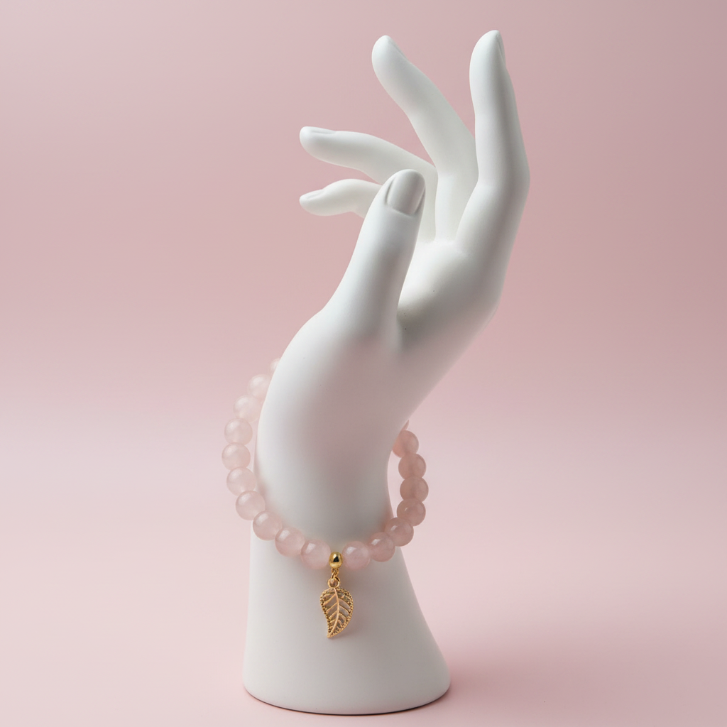 Rose Quartz Gold Leaf Bracelet - Ceramic Hand Display