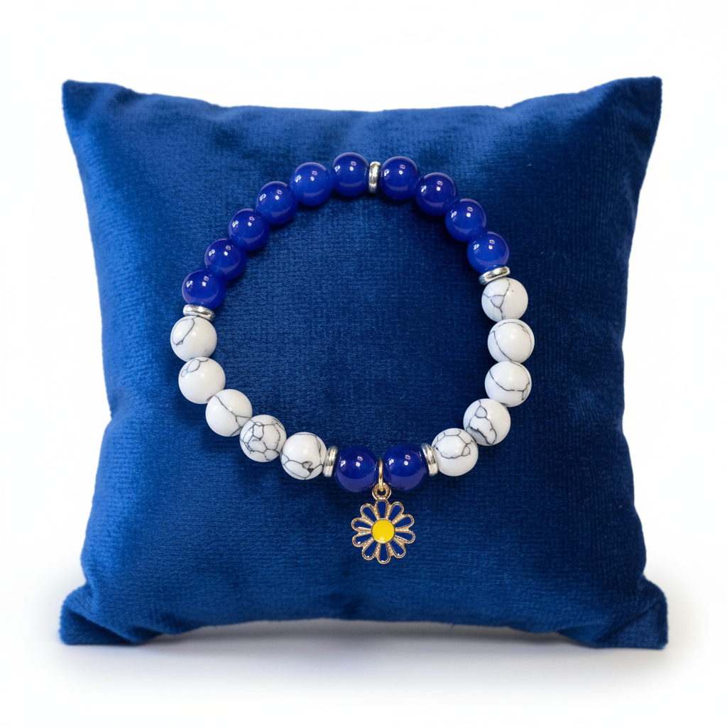 Royal Blue & Black Marble Bracelet – Flat on Blue Velvet Pillow