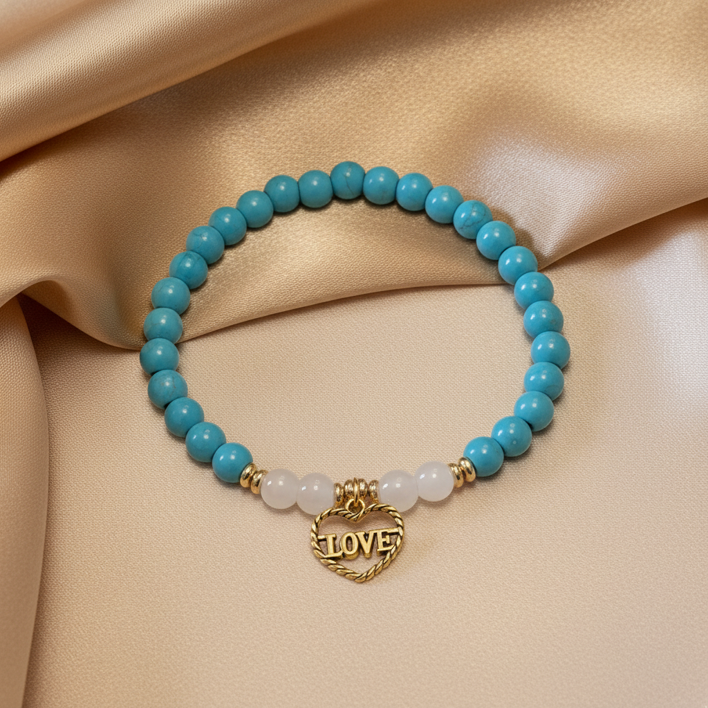Turquoise Howlite & White Jade Love Charm Bracelet – Gold Background