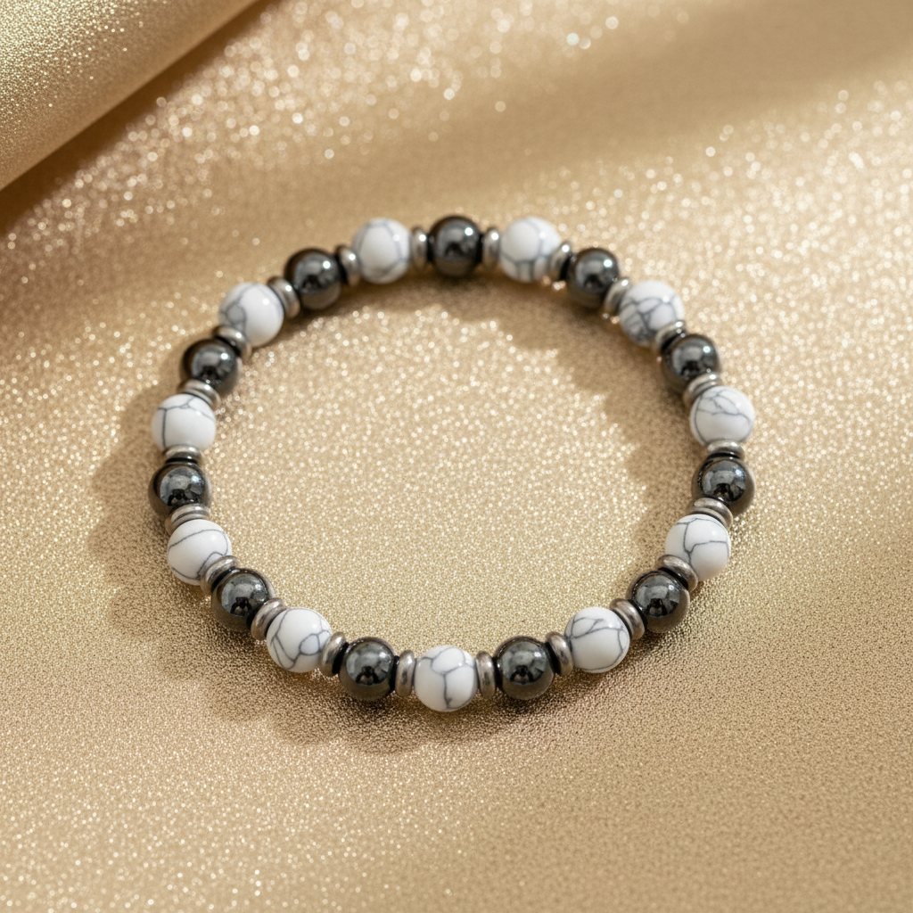 White Howlite & Hematite Bracelet – Gold Background