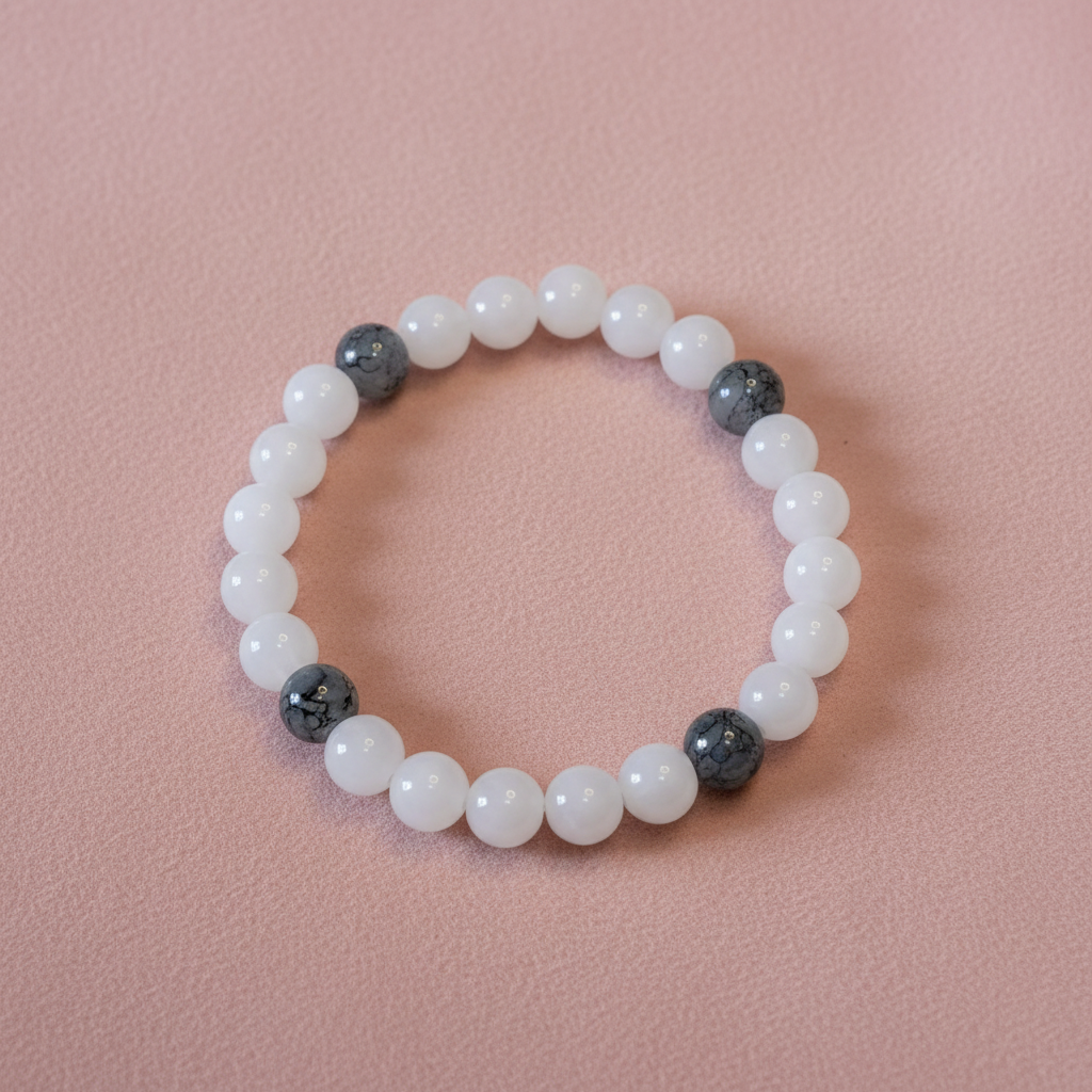 White Jade & Hematite Bracelet – Blush Background
