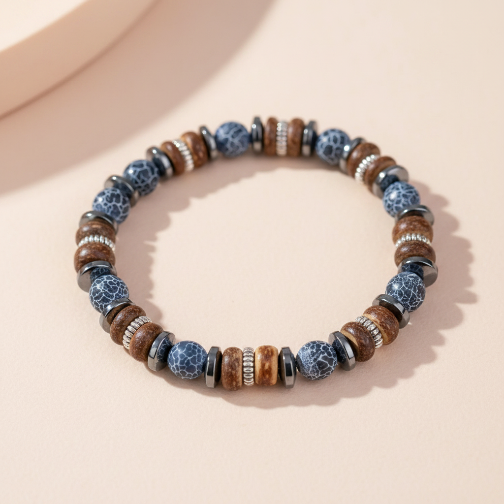 Wood Crackle Agate Hematite Bracelet
